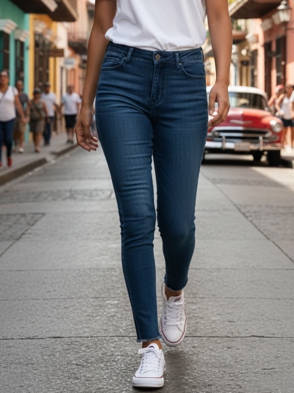 Express Skinny High Rise with Raw Hem Jeans in Dark Blue Wash 8 Regular